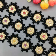 27x Cotton Black Daisy Flower Rhinestones Lace Trim Ribbon Fabric Embroidered Vintage Applique DIY Wedding Dress Sewing Craft 2024 - buy cheap