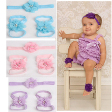 Varejo bebê recém-nascido cabeça chique gasto flores barefoot bebê sandálias e headbands set fotografia Props crianças acessórios 2024 - compre barato