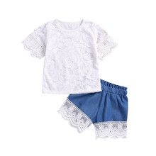 Meninas do bebê Conjuntos de Roupas de Verão Moda Infantil camisa Do Laço T Shorts Jeans Terno Criança Meninas Princesa T-shirt Calções Conjunto de Roupas 2024 - compre barato