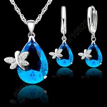 Hot Jewelry Sets Real Fine 925 Sterling Silver Austrian Crystal Butterfly Drop CZ Pendant Necklace LeverBack Hoop Earrings 2024 - buy cheap