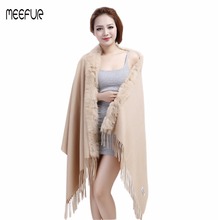 Fashion Womens Real 100% Wool Wrap With Rabbit Fur Trimming Shawl Soft Solid Girls Scarf Pashmina Free Shipping LX00319 2024 - buy cheap