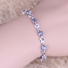 Clean Rainbow Cubic Zirconia Silver Plated Link Chain Bracelet 6.5 - 7.5 inch S0484 2024 - buy cheap