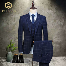 2018 Brand Men Suits Blue Plaid Business Blazers Wedding Suit Slim Fit Tuxedo Male Party Prom Groom Dress Jacket+Pants+Vest Suit 2024 - buy cheap