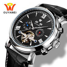 Ouyawei Mens Tourbillon Automatic Black Watch Mechanical Automatic Multifunction Clock Men Business Genuine Leather WristWatches 2024 - buy cheap