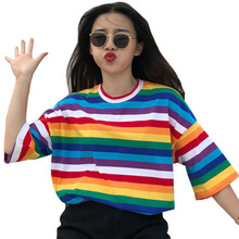 Женская футболка в радужную полоску, летняя футболка с коротким рукавом в Корейском стиле панк, camiseta feminina, 2019 2024 - купить недорого