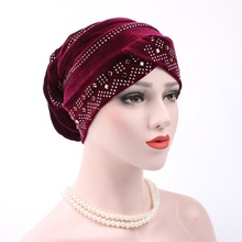 New Woman Hijabs Velvet Big Rhinestone Turban Head Cap Hat Beanie Ladies Hair Accessories Muslim Scarf Cap Hair Loss 12 Colors 2024 - buy cheap