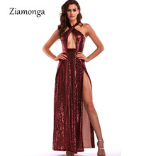 Ziamonga Summer Autumn Women Elegant Dress Sexy Halter Sequin Dresses Vintage Party Casual Ladies Dress Split Hollow Vestidos 2024 - buy cheap