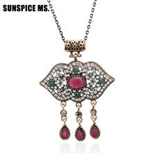 SUNSPICEMS Turkish Crystal Pendant Necklace Bohemia Ethnic Wedding Jewelry Antique Gold Color Flower Lock Necklace Wholesale New 2024 - buy cheap