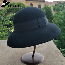 Crushable-Sombrero de fieltro de Estilo Vintage para mujer, sombrero de 100% de lana, de ala ancha, color negro y gris, con banda Simple 2024 - compra barato