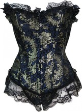 Vintage Classical Blue and Gold Tapestry Floral Trimmed Corset Black Flare Ruffles Design Corset 2024 - buy cheap