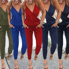 Solid Fashion Summer Women Jumpsuit Romper Sexy V Neck Backless Lace-up Beach Bodycon strap femme Jumpsuit Overalls long pants 2024 - buy cheap
