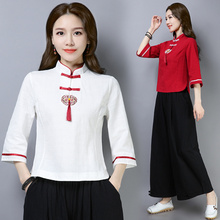 Женская винтажная рубашка Hanfu, красная или белая блузка в стиле ретро, в китайском стиле, на весну-лето 2019 2024 - купить недорого