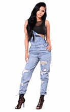 Macacão feminino rasgado sem mangas, macacão jeans longo com calça 2024 - compre barato