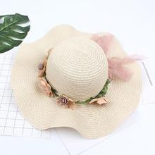 Sombrero de paja ondulado para mujer, aleros para el sol, con lazo de flores, moda de verano 2024 - compra barato