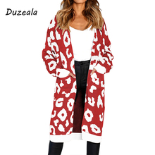 Duzeala suéter longo com estampa de leopardo, outono inverno, feminino, estilo casual, com bolso, de ponto aberto 2024 - compre barato