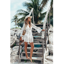 Mini vestido de praia feminino, vestido transparente para o verão, curto com gola em v, manga longa, com renda, cobertura para praia, 2019 2024 - compre barato