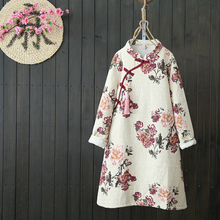 Cotton Linen Buckle Chinese Style Robes Women Dress Long Sleeve Thicken Warm Fleece Autumn Winter Floral Print Dresses Vintage 2024 - buy cheap
