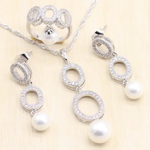Round Hollow Circle    Silver Color Pearl Jewelry Sets For Women White Pearl Ring Long Stud Earrings Pendant Necklace 2024 - buy cheap