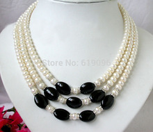 mujer Natural Stunning 8mm 3Strands White Pearl black stone necklace Bridal Wedding word shipping  Fine moda 2024 - buy cheap