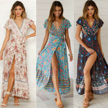 Women's Boho Floral  Summer Long Dress V-Neck Short Sleeve  Bandge Split Party Evening Beach Short Long Maxi Dress Sundress 2024 - buy cheap