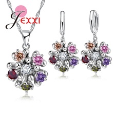 Beautiful CZ Crystal Colorful Flower Pendant Necklace Earring Set Women 925 Sterling Silver Jewelry Set Christmas Gift 2024 - buy cheap