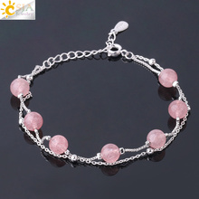 Csja pedra natural morango cristal pulseira 6mm rosa contas redondas link chain pulseiras para meninas femininas charme pulseira presentes f909 2024 - compre barato