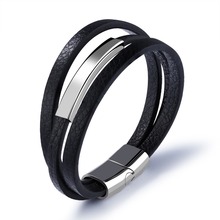 FATE LOVE Brand Men punk leather wrap bracelet & bangles black for boyfriend with metal stainless steel fashion jewelry 2024 - buy cheap