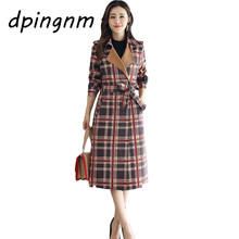 England Style Plaid Woolen Coats for Women Belted Waist  Button-up Check Office Lady Wind Coat Wool 2024 - buy cheap