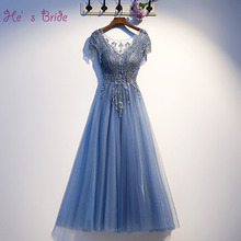 He's Bride New Elegant Blue Prom Dress Appliques with Beading Short Sleeve Lace Up Floor-length Prom Formal Grown Robe De Soiree 2024 - buy cheap