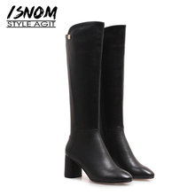 ISNOM Knee High Riding Women Boots Zip Square Toe Footwear Genuine Leather Female Boots High Heels Shoes Woman Winter 2018 Black 2024 - buy cheap