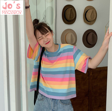 Женская футболка с коротким рукавом Ulzzang, летняя футболка в полоску с o-образным вырезом в Корейском стиле 2024 - купить недорого