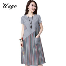 Uego 2021 New Fashion Patchwork Striped Women Summer Dress Thin Light Cotton Linen Pockets Loose Ladies Casual Dress Vestidos 2024 - buy cheap