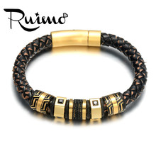 RUIMO Gold Bead Genuine Leather Bracelet Men 316l Stainless Steel Handmade Woven Charm Bracelet Luxury Jewelry For Mens 2024 - buy cheap