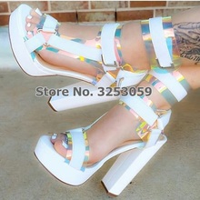 ALMUDENA Newest Colorized PVC Strap Chunky Heel Sandals Platform Metal Decorated Buckle Strap Shoes Patchwork Pumps Wedding Shoe 2024 - buy cheap