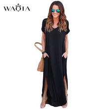 WAQIA Plus Size 2019 Women Summer Dress Cotton Short Sleeve Solid V-neck Maxi Dress Female Loose Boho Beach Party Long Dress 2024 - buy cheap