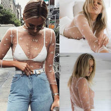 Women Ladies Clothing Sheer Neck Transparent Mesh Bodycon Blouse Tops Clubwear New Clothes Women 2024 - buy cheap