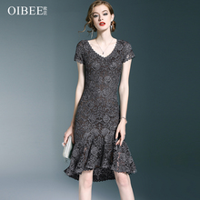 OIBEE lace V-Neck short sleeve trumpet sexy summer party dress 2024 - buy cheap