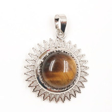 FYJS-Colgante de cuentas redondas, joyería única, chapada en plata, forma de flor del sol, con piedra de ojo de tigre Natural 2024 - compra barato