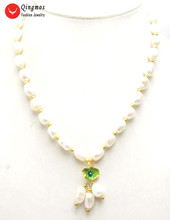 Qingmos colar de pérola natural feminino, joias com 7-9mm, pérola barroca branca, 17 ", pingente em folha de lótus, nec6004 2024 - compre barato