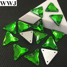 New 30Pcs 16mm Grass Green Color Triangle Shape Glass Sew On Stone Flatback 3 Holes Sewing Rhinestones Jewelry Beads 2024 - buy cheap