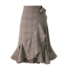 England Style Plaid Lace Up Midi Pencil Skirts Ruffles Tartan Women High Waist Vintage Gray Bodycon Skirt #B 2024 - buy cheap