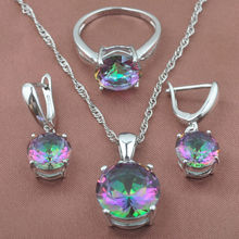 Christmas Gifts Round Multicolor Rainbow Zircon Women's Silver Color Jewelry Sets Necklace Pendant Earrings Rings TZ0368 2024 - buy cheap
