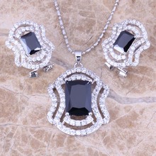 Gleaming Black Cubic Zirconia White CZ Silver Plated Earrings Pendant Necklace Jewelry Sets S0768 2024 - buy cheap