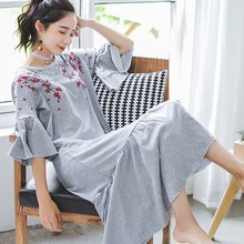 2022 primavera outono solto algodão fishtail camisola feminina casa bordado pijamas meia manga lingerie camisola longa 2024 - compre barato