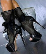 Sexy Black Lace Mesh Ankle Boot Peep Toe High Platform Stiletto Heels Women Shoes High Heel Ankle Bowtie Lace-up Gladiator Boot 2024 - buy cheap