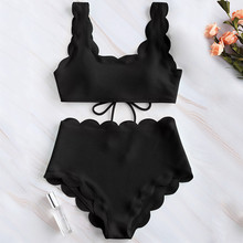 Women Scalloped Textured High Waisted Bikini Set Solid Two Pieces Beach Bathing Suits Swimwear Lace Biquinis Bathing Suits L0612 2024 - buy cheap