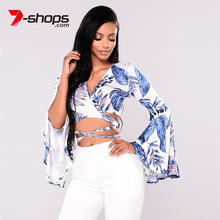 Женская блузка с v-образным вырезом AF0050, короткая блузка с длинным Расклешенным рукавом и цветочным принтом на завязках, летняя рубашка, 2019 2024 - купить недорого