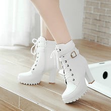 Botines de tacón alto con cordones para mujer, botas de plataforma de talla grande, zapatos de moda, color blanco, negro y marrón, envío directo, Otoño e Invierno 2024 - compra barato