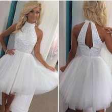 Vestido curto de baile, sensual, branco, com cristais de contas, gola alta, de tule, para festa à noite, traje formal personalizado, 2019 2024 - compre barato