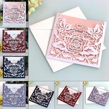 Hot 10pcs/set Pocket Wedding Invitations Cards Square Laser Cut Rose Flower Greeting Card Invitations Card Event Party Supplies 2024 - buy cheap